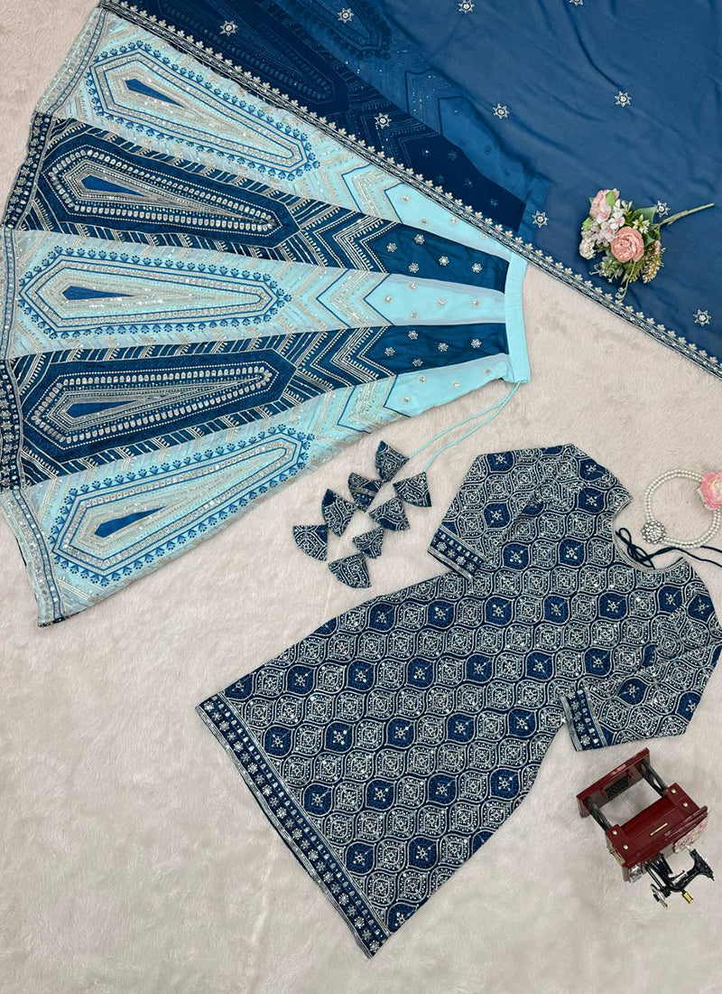 Teal Blue Faux Georgette  Embroidery Work Occasional Wear Readymade Lehenga Skirt SW251884