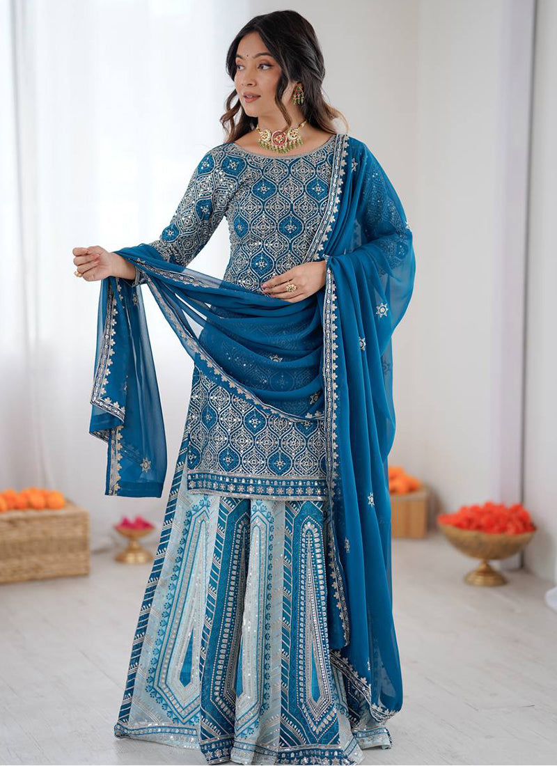 Teal Blue Faux Georgette  Embroidery Work Occasional Wear Readymade Lehenga Skirt SW251884