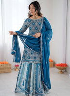 Teal Blue Faux Georgette  Embroidery Work Occasional Wear Readymade Lehenga Skirt SW251884