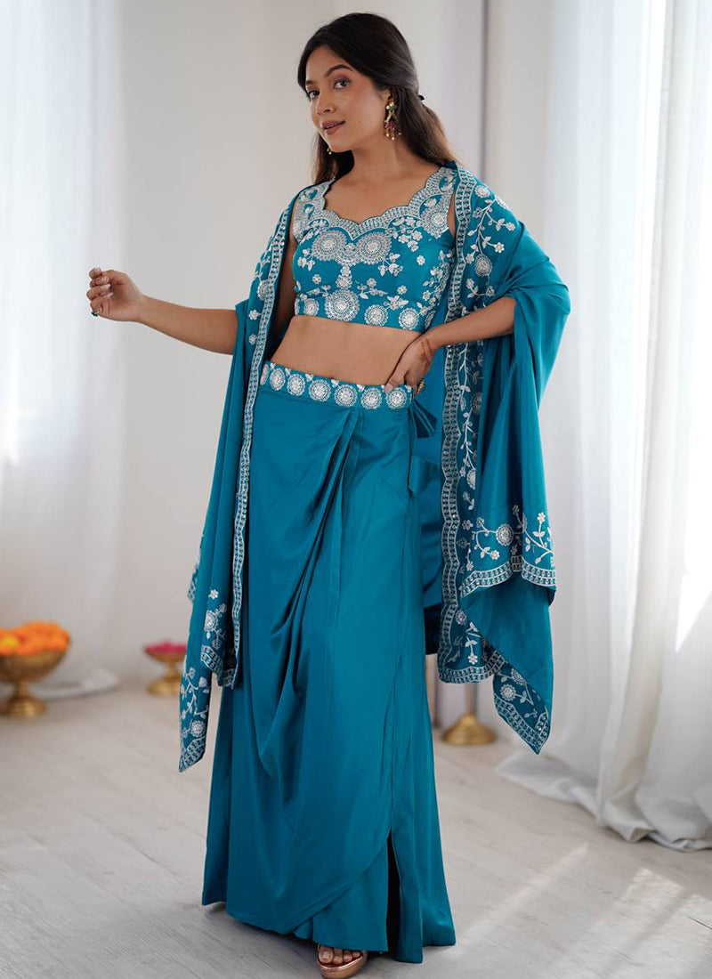 Teal Blue French Crepe Embroidery Work Party Wear Readymade Designer Suit SW176001