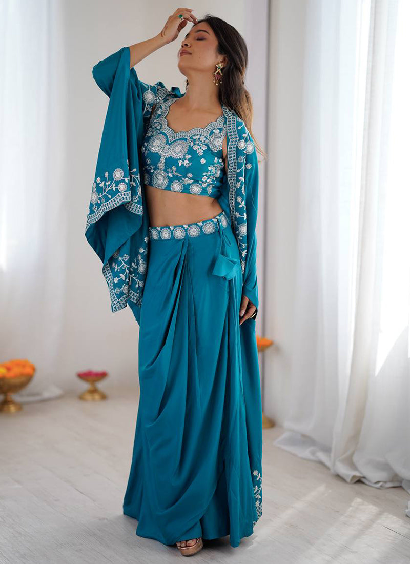 Teal Blue French Crepe Embroidery Work Party Wear Readymade Designer Suit SW176001