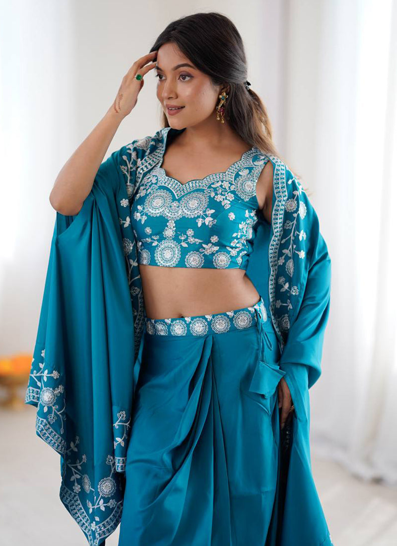 Teal Blue French Crepe Embroidery Work Party Wear Readymade Designer Suit SW176001