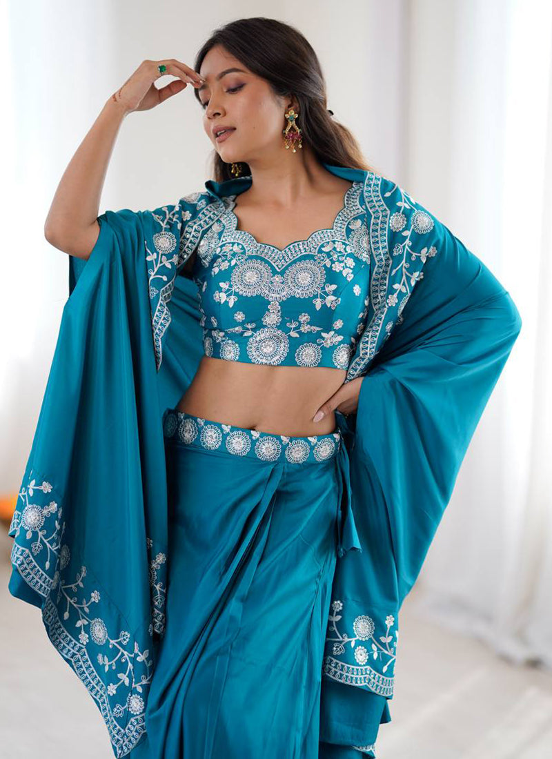 Teal Blue French Crepe Embroidery Work Party Wear Readymade Designer Suit SW176001