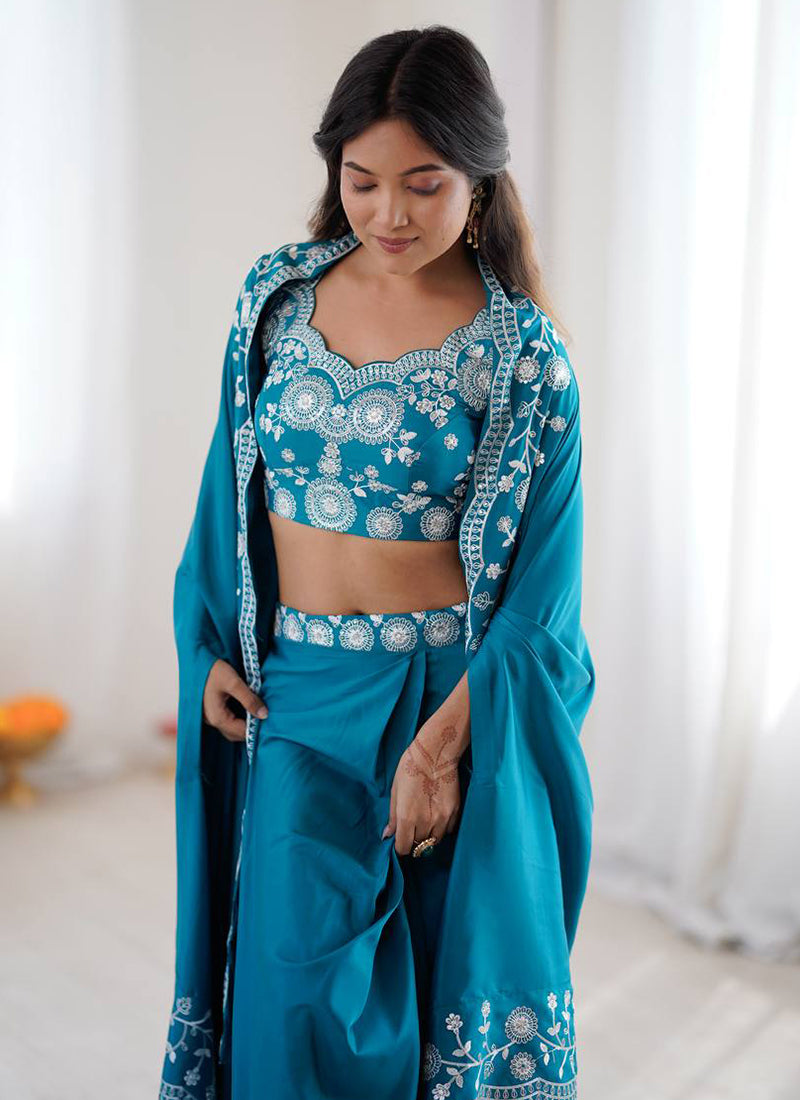 Teal Blue French Crepe Embroidery Work Party Wear Readymade Designer Suit SW176001