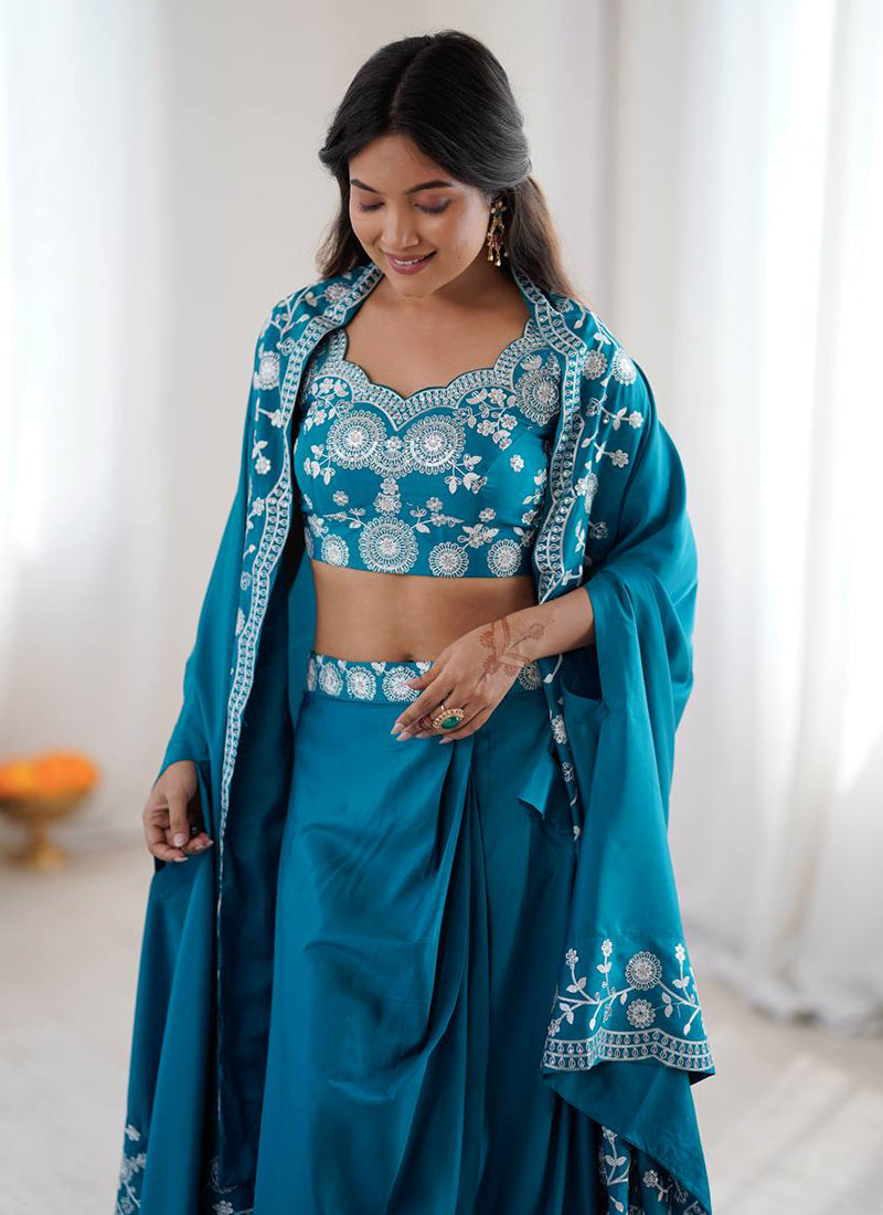 Teal Blue French Crepe Embroidery Work Party Wear Readymade Designer Suit SW176001