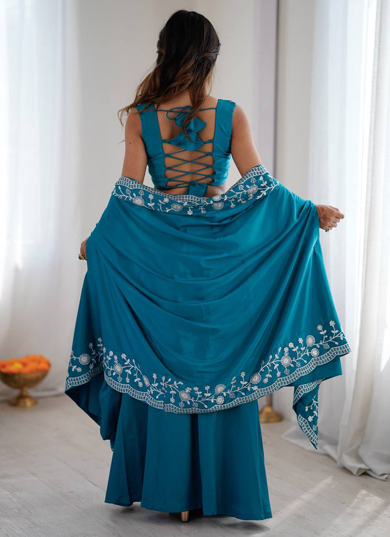 Teal Blue French Crepe Embroidery Work Party Wear Readymade Designer Suit SW176001