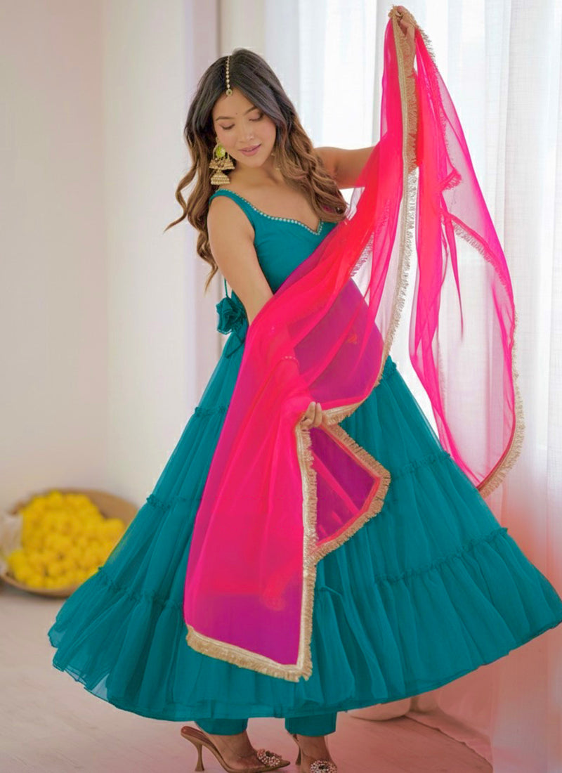 Georgette Teal Blue Party Wear Mirror Work Readymade Gown