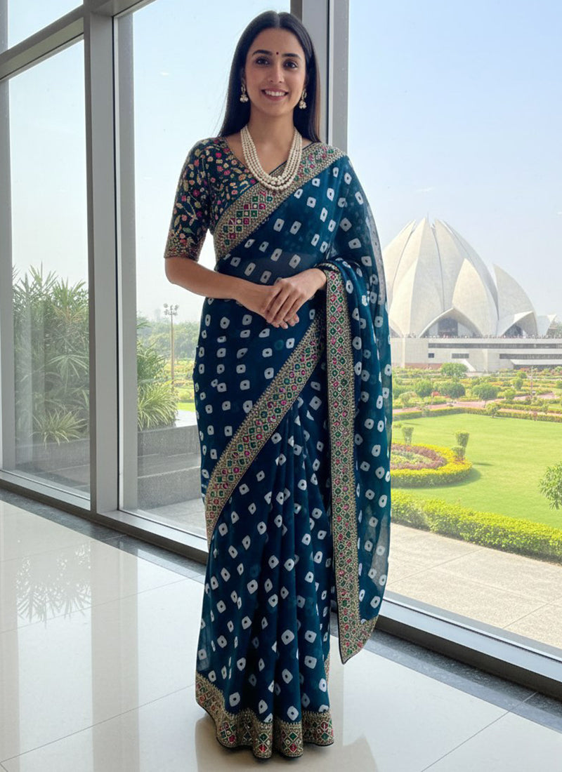 Georgette Teal Festival Wear Printed Work Saree