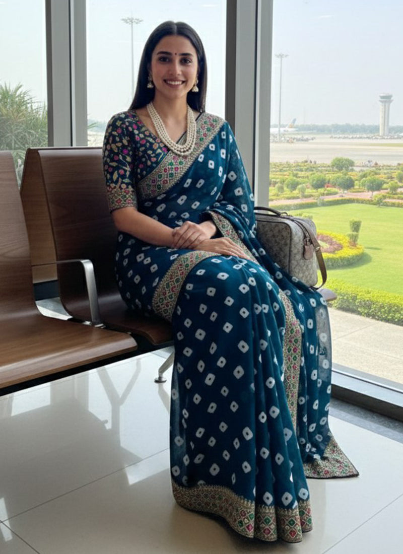 Georgette Teal Festival Wear Printed Work Saree