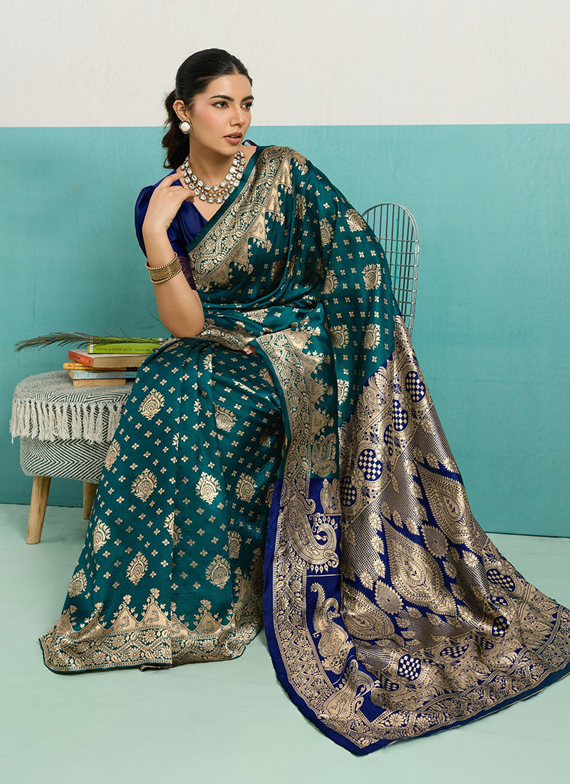 Teal Green Banarasi Silk Weaving Work Occasional Wear Saree SW504079