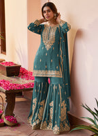 Teal Green Chinon Hand Work Eid Wear Readymade Sharara Suit SW773733