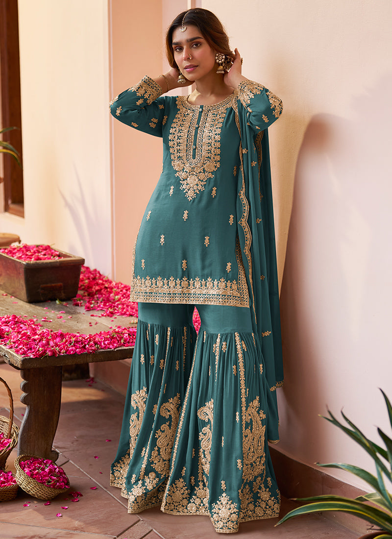 Teal Green Chinon Hand Work Eid Wear Readymade Sharara Suit SW773733