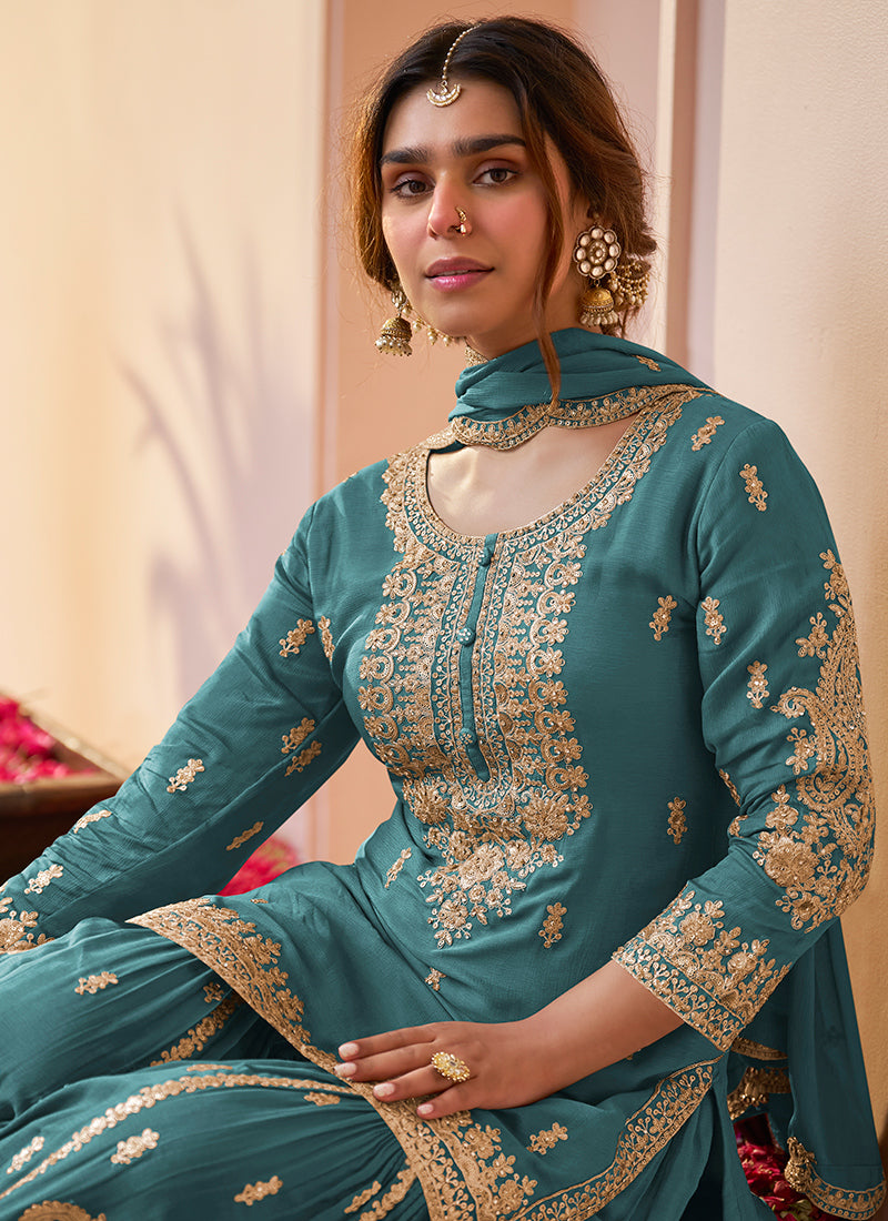 Teal Green Chinon Hand Work Eid Wear Readymade Sharara Suit SW773733