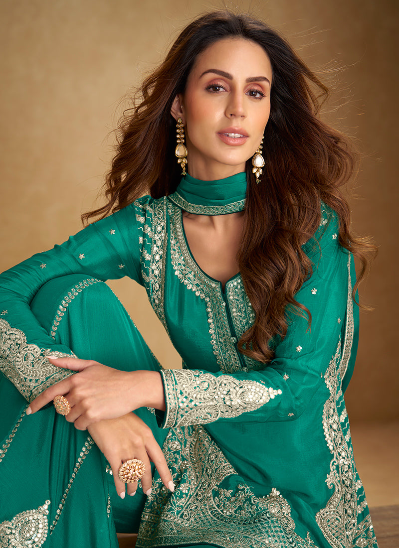 Teal Green Chinon Zari Embroidery Work Wedding Wear Readymade Plazzo Suit SW833398
