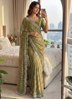 Teal Green Fendi Satin Sequins Work Festival Wear Saree SW930712