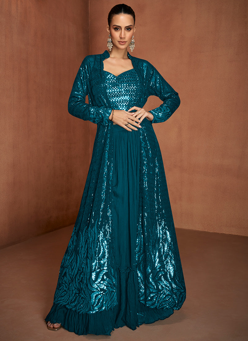 Teal Green Georgette Sequins Work  Party Wear Readymade Designer Suit SW650548