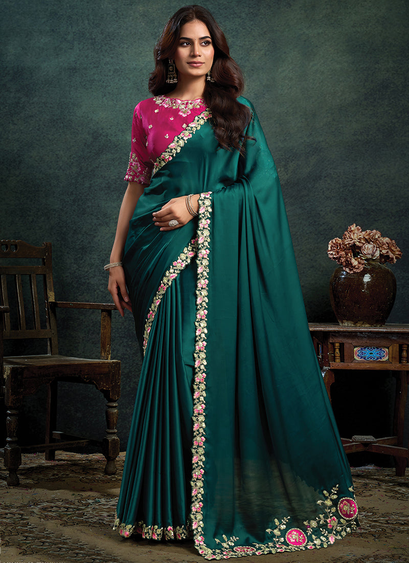 Satin Silk Teal Green Party Wear Multi Thread Motif Embroidery Parties Saree 389015