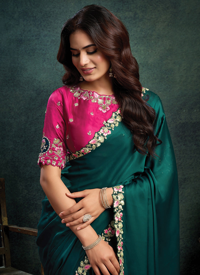 Satin Silk Teal Green Party Wear Multi Thread Motif Embroidery Parties Saree 389015