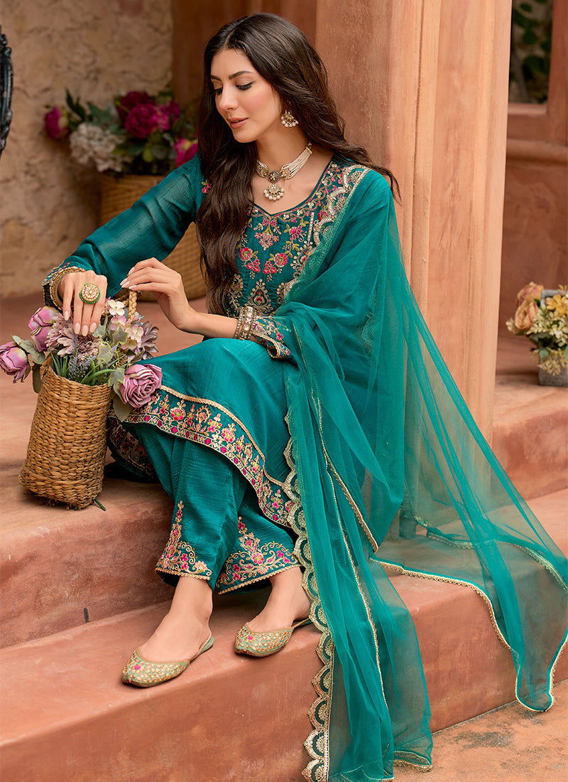 Silk Teal Green Casual Wear Embroidery Work Readymade Salwar Suit 388949