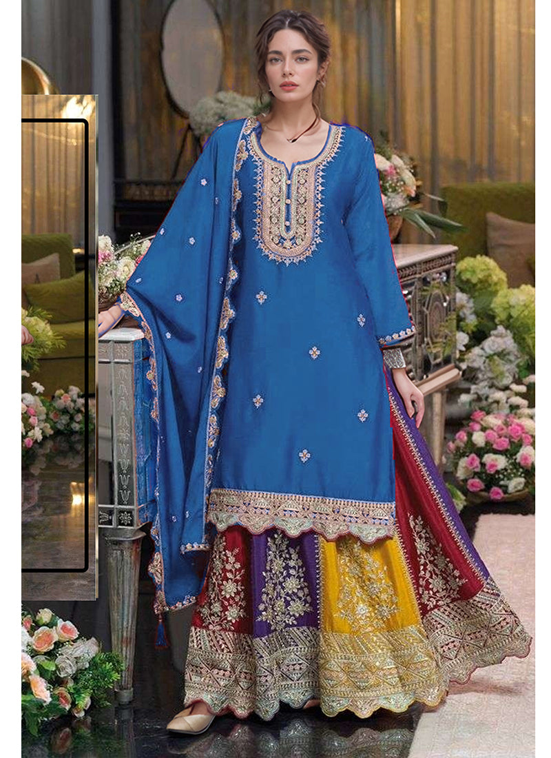Heavy Chinon Teal Festival Wear Heavy Embroidery Work Readymade Sharara Suit