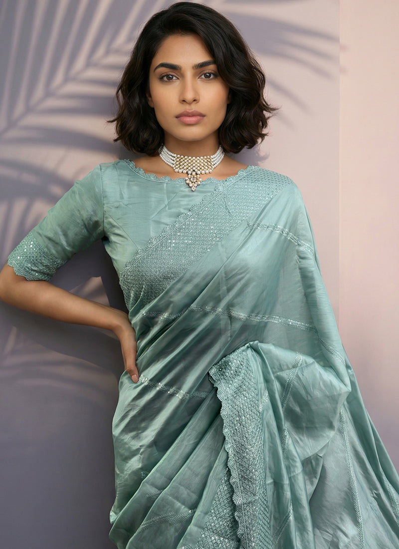 Turquoise  Rasberry Silk Thread Work Festival Wear Saree SW772906