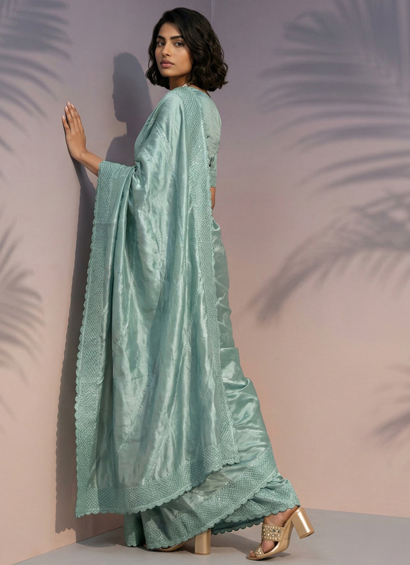 Turquoise  Rasberry Silk Thread Work Festival Wear Saree SW772906