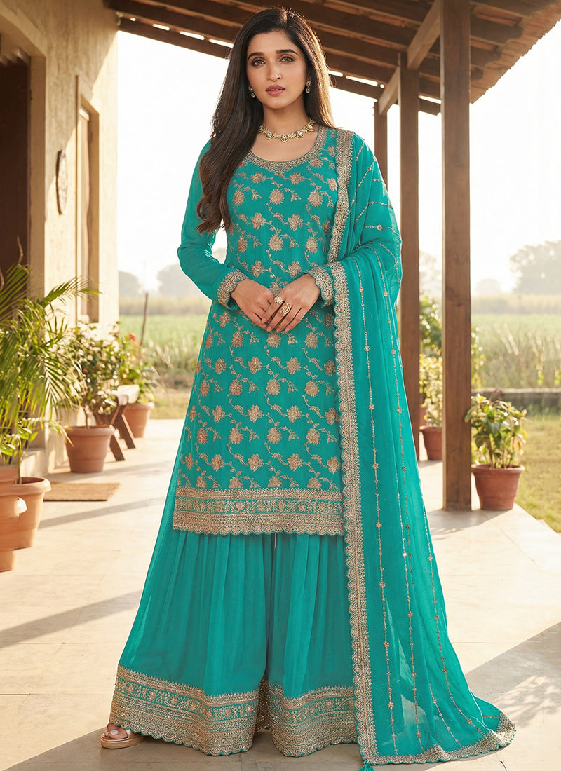 Turquoise Blue  Chinon Embroidery Work Festival Wear Readymade Plazzo Suit SW773658