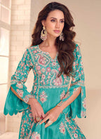 Turquoise Blue  Shimmer Embroidery Work Party Wear Readymade Plazzo Suit SW988898