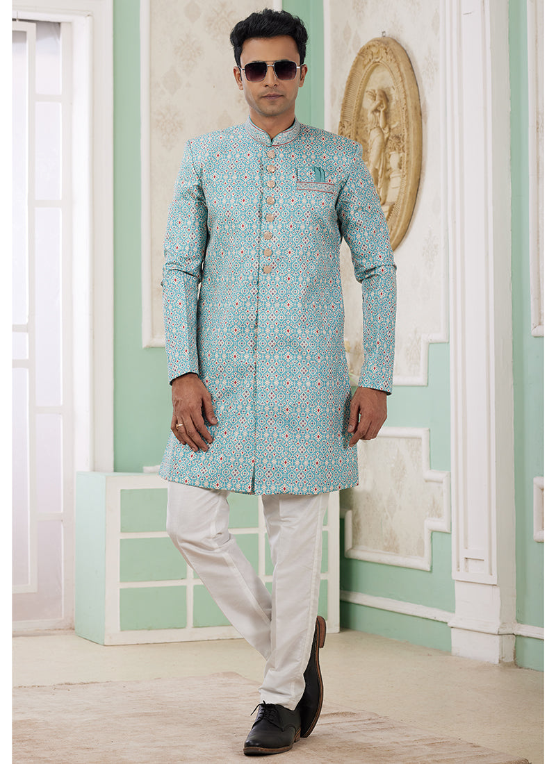 Banarasi Jacquard Turquoise Blue Festival Wear Pattern Pc Work Readymade Indo Western Sherwani