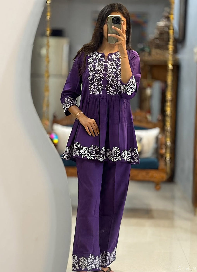 Cotton Violet Casual Wear Embroidery Work Readymade Cord Set 388798