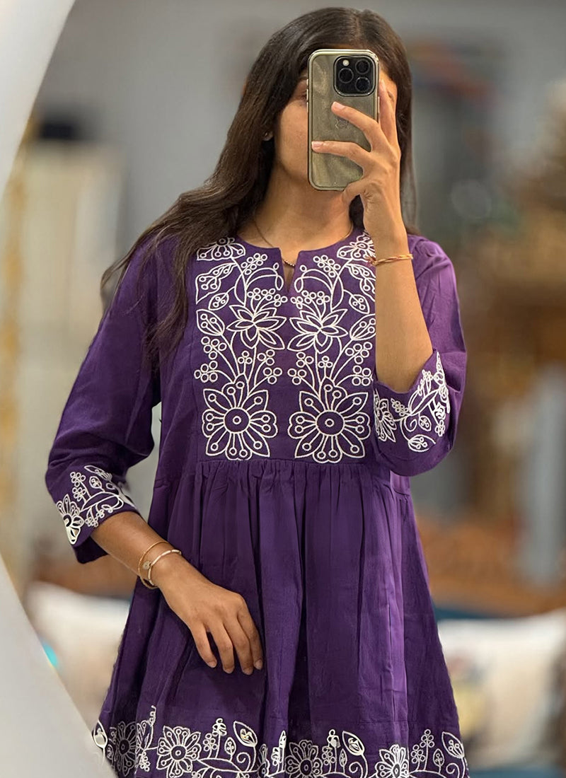 Cotton Violet Casual Wear Embroidery Work Readymade Cord Set 388798