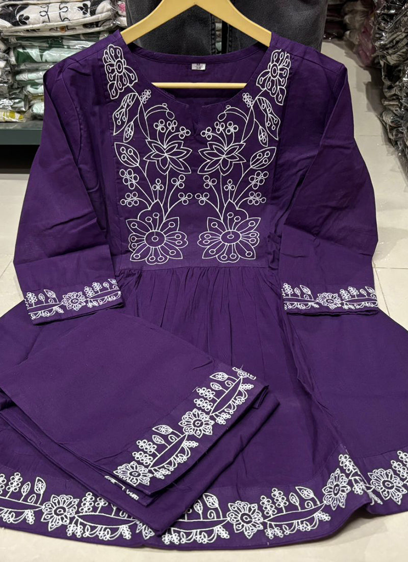 Cotton Violet Casual Wear Embroidery Work Readymade Cord Set 388798