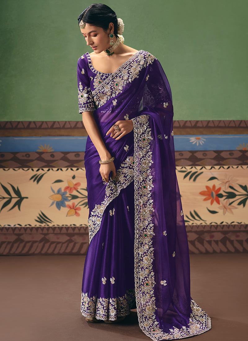 Violet Fancy Embroidery Work Wedding Wear Saree SW571681