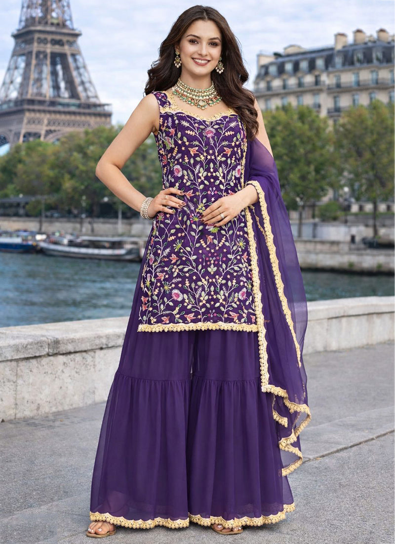 Violet Georgette Embroidery Work Festival Wear Readymade Sharara Suit SW852736