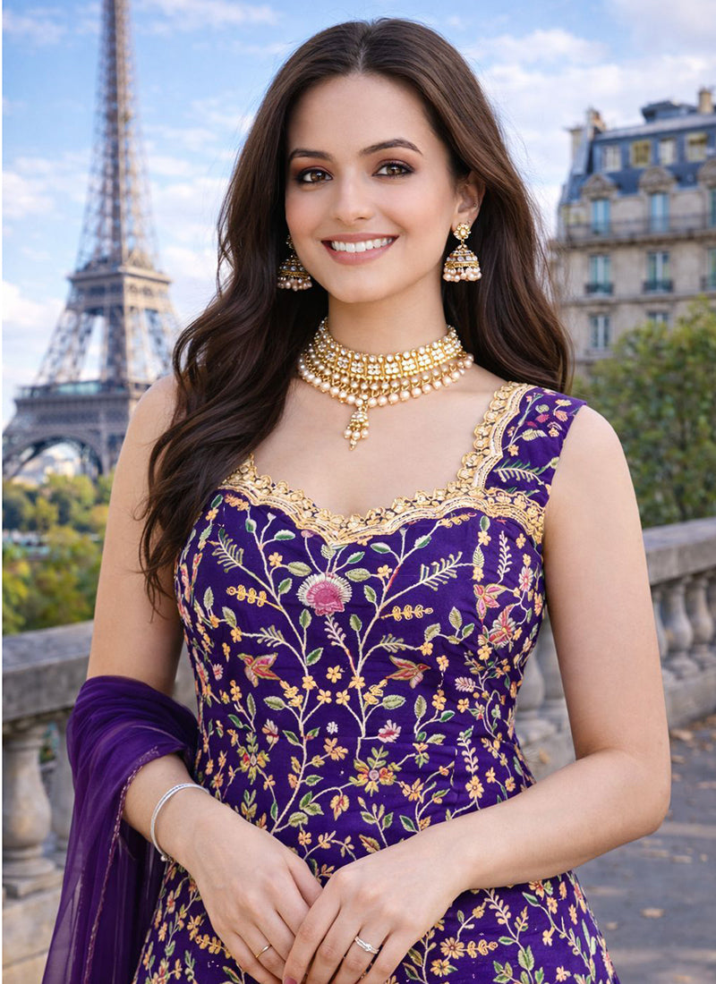 Violet Georgette Embroidery Work Festival Wear Readymade Sharara Suit SW852736