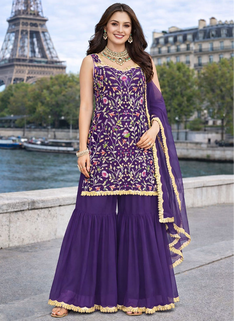 Violet Georgette Embroidery Work Festival Wear Readymade Sharara Suit SW852736
