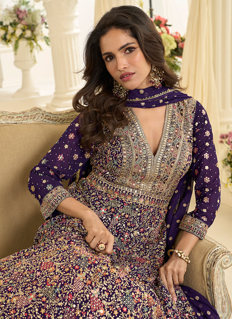 Violet Georgette Embroidery Work Wedding Wear Readymade Anarkali Suit SW212570