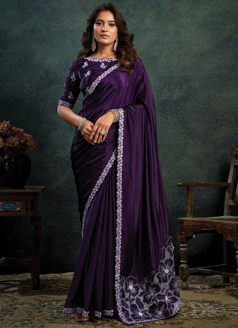 Satin Silk Violet Party Wear Sequins Embroidery Work Parties Saree 389024