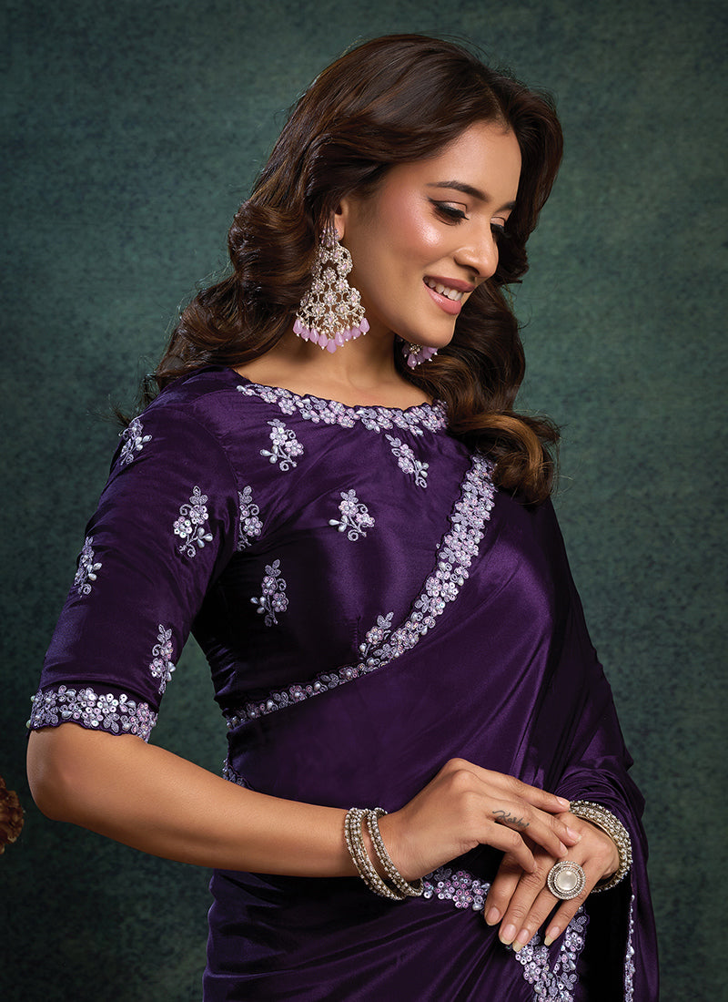 Satin Silk Violet Party Wear Sequins Embroidery Work Parties Saree 389024