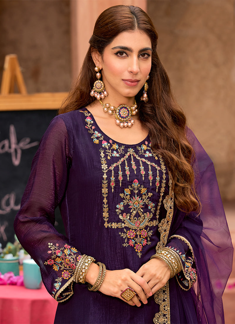 Silk Violet Casual Wear Embroidery Work Readymade Salwar Suit 388946