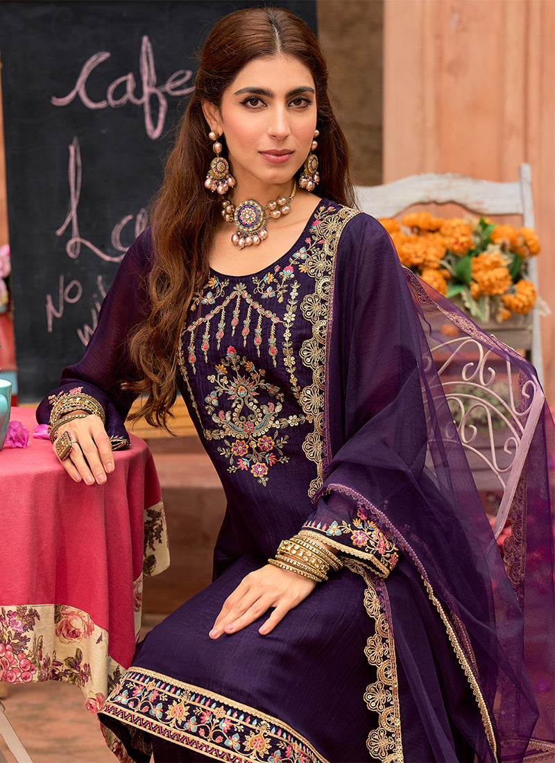 Silk Violet Casual Wear Embroidery Work Readymade Salwar Suit 388946