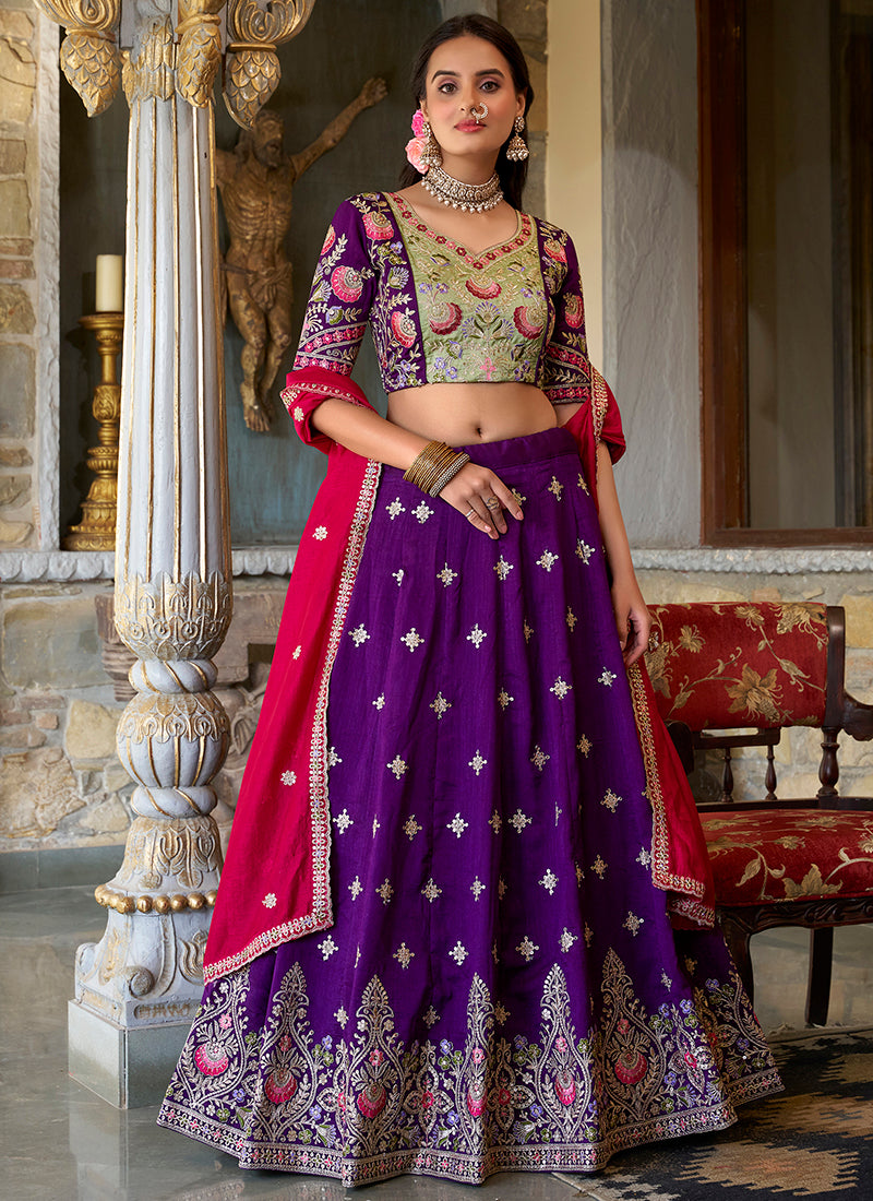 Vichitra Silk Violet Wedding Wear Sequins Work Lehenga Choli