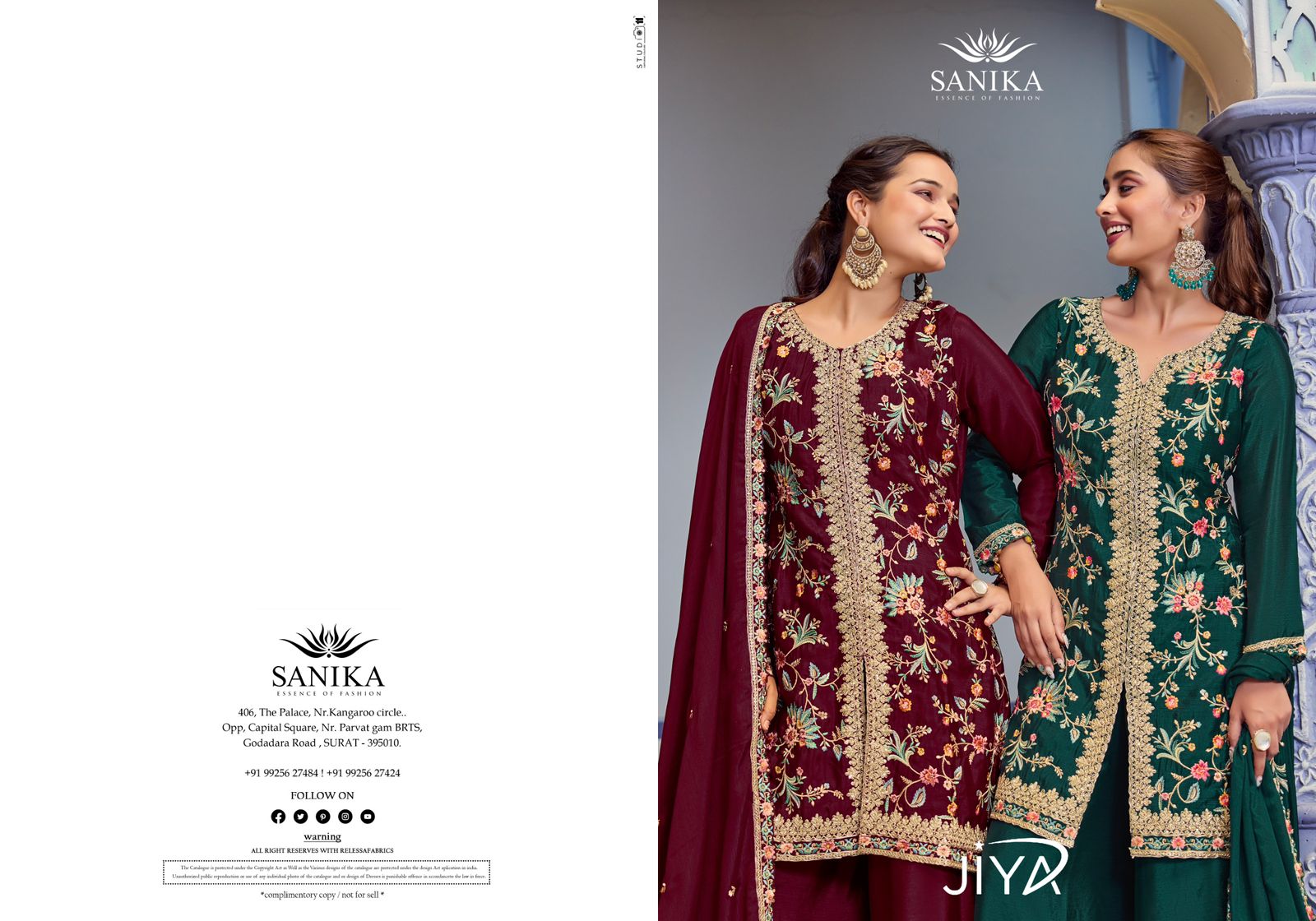 JIYA  Premimun Chinon Silk With Embroidery Hand Work Eid Festival Wear Unstitched 6 Piece Catalogue