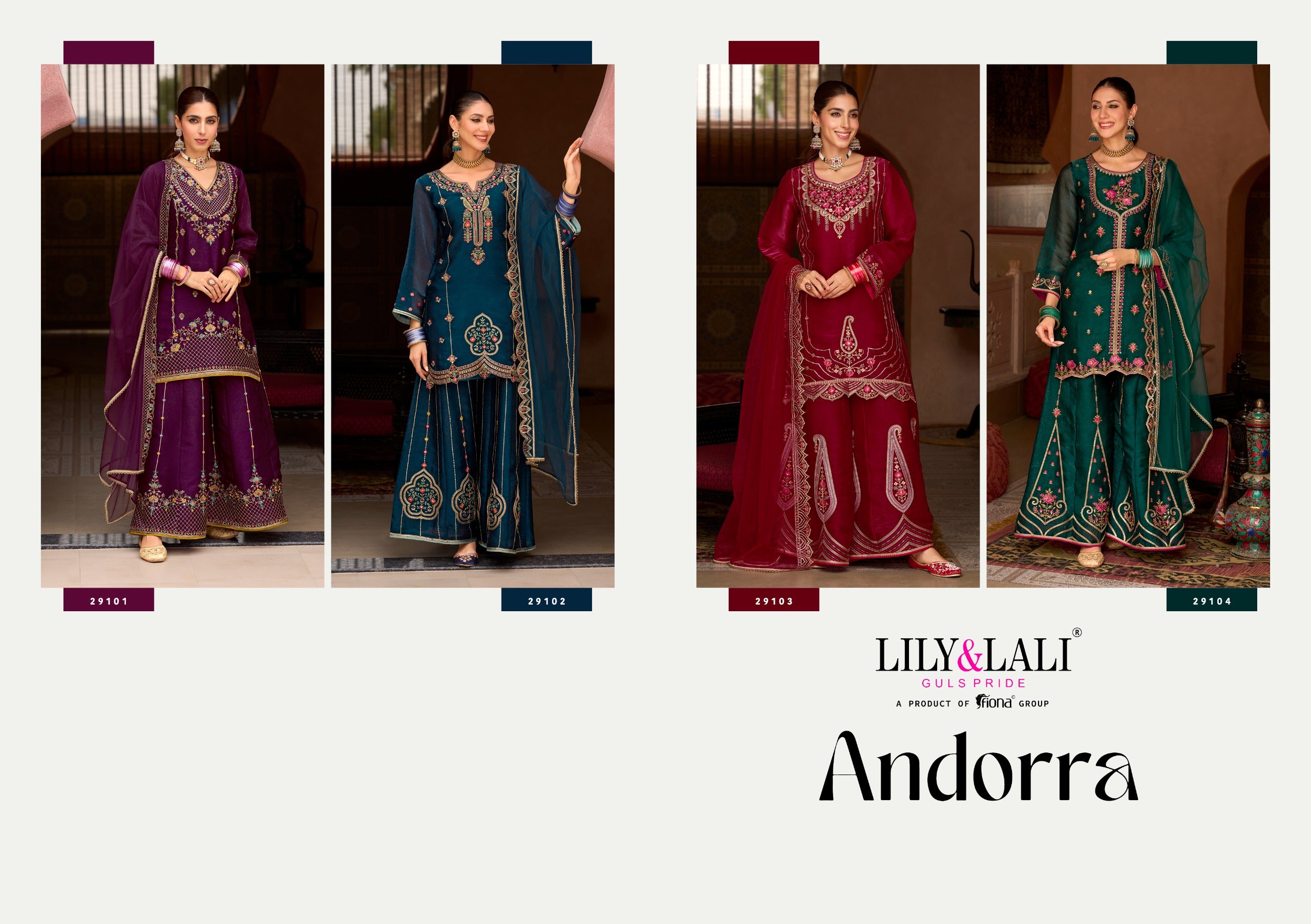 Andorra Embroidery Work Fancy Silk Festive Wear Readymade Palazzo Suit 4 Pieces Catalog
