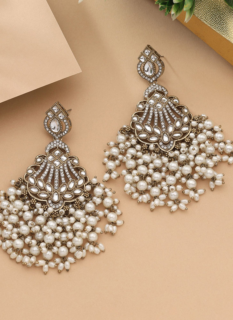 White Party Wear Diamond Work Pretty Earrings