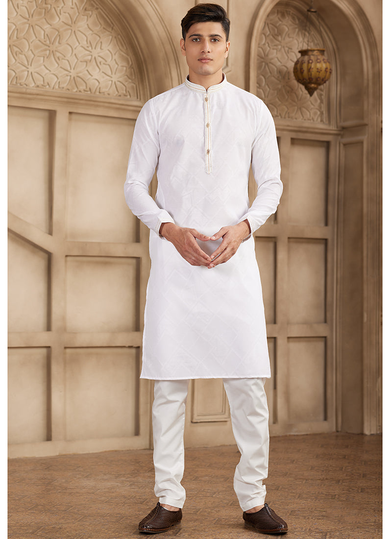 Art Silk White Festival Wear Printed Work Readymade Kurta Pajama