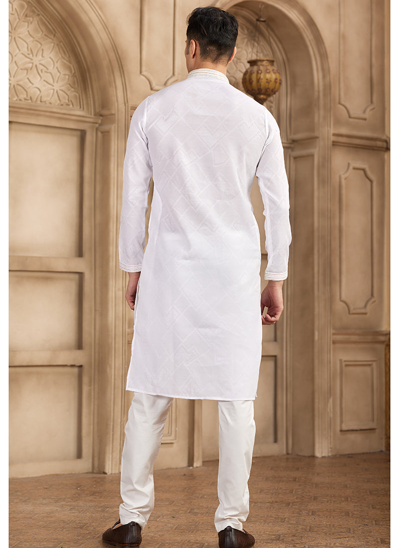 Art Silk White Festival Wear Printed Work Readymade Kurta Pajama