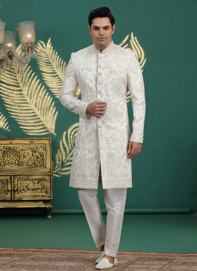 Art Silk White Wedding Wear Hand Embroidery Readymade Groom Sherwani