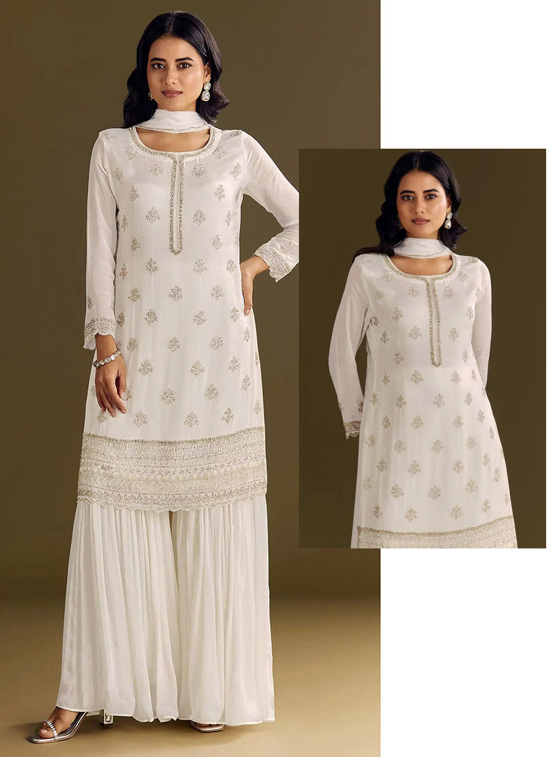 Chinon White Festival Wear Zari Work Sharara Suit
