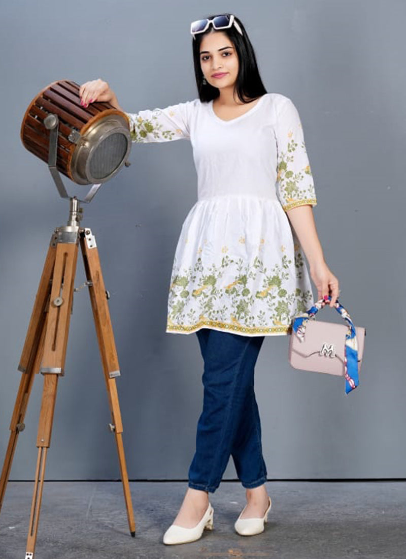 Cotton White Festival Wear Printed Readymade Kurti
